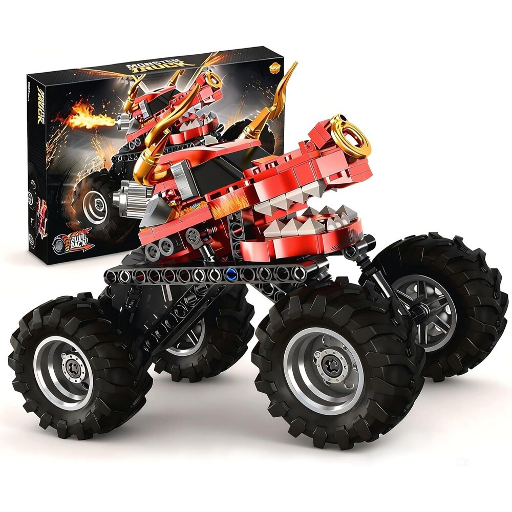 Red Dragon Monster Truck 2-in-1 Building Block Set Pull-Back STEM Toy Ages 8+